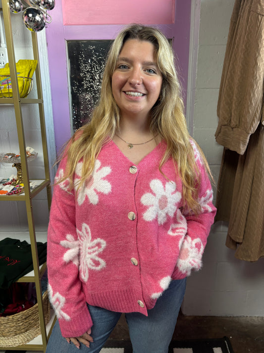 pink Floral Sweater Cardigan