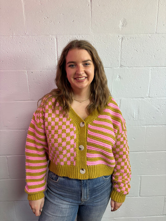 OVERSIZED BUTTON DOWN CHECKERED STRIPE CARDIGAN GREEN & PINK