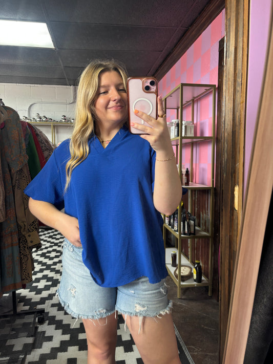 Navy v neck top