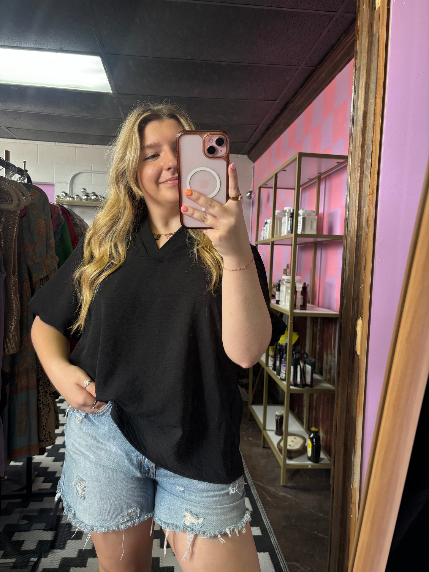 Black Silk V Neck Top