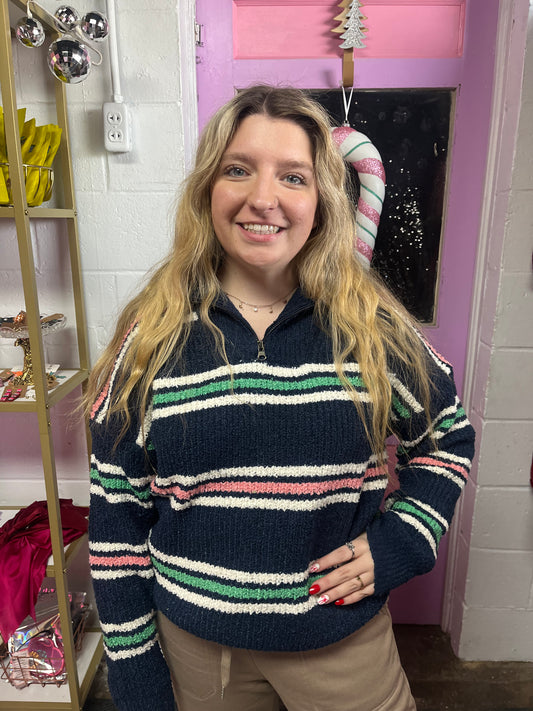 Multi Color Striped Half Zip Up Knit Sweater Top